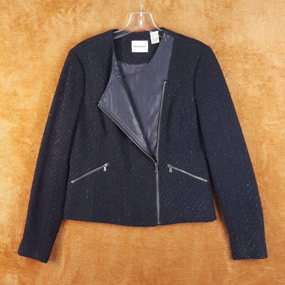 DKNY Womens Jacket Small Black Moto Wool Blend Silver Shimmer Zip Up Dressy